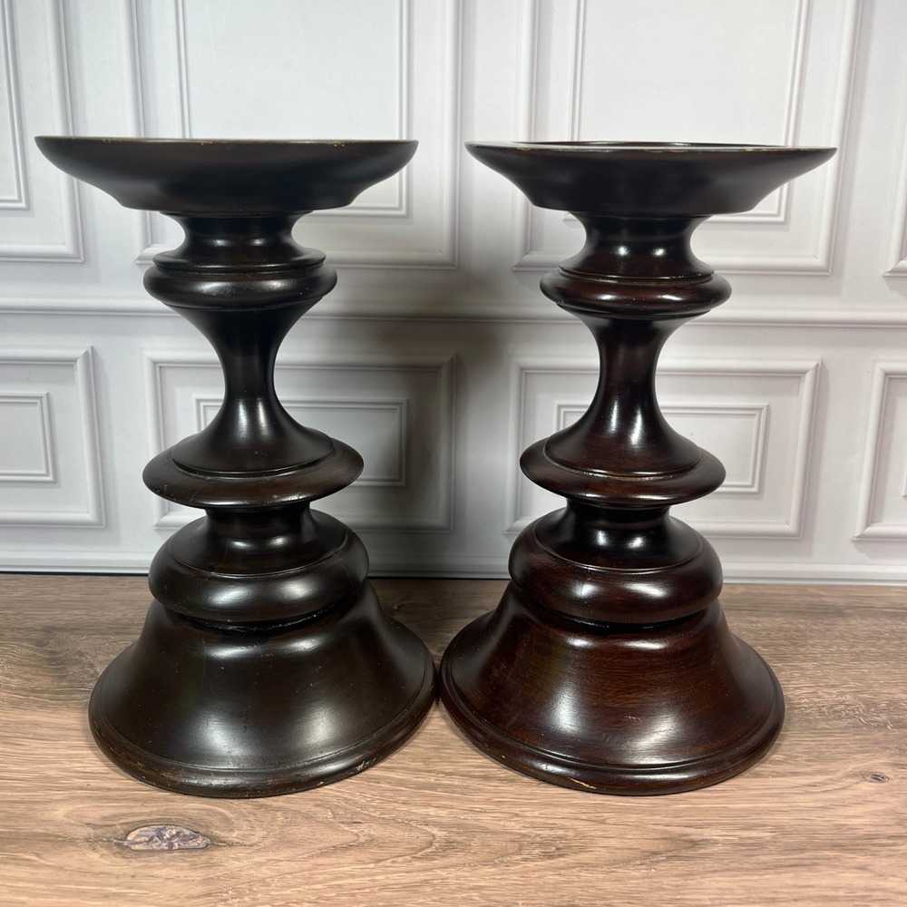 Pottery Barn Turned Wood Pillar Candle Holder Set 2 10in Dark Brown Espresso